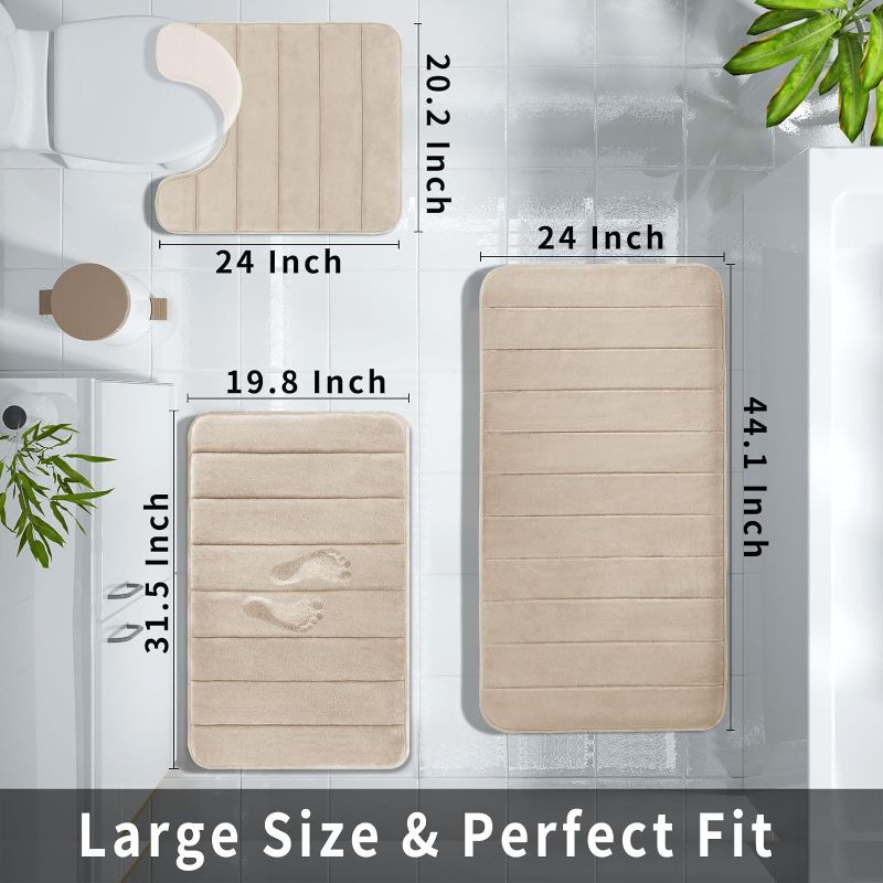 Photo 2 of Yimobra 3 Pieces Memory Foam Bath Mat Sets, 44.1x24 + 31.5x19.8 and U-Shaped for Bathroom Rugs, Toilet Mats, Non-Slip, Soft Comfortable, Water Absorption, Machine Washable, Beige
