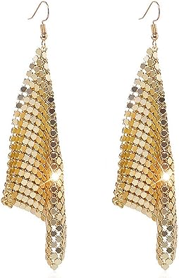 Photo 1 of Trendy Women Earrings Metal Mesh Grid Sequins Tassel Long Drop Dangle Earrings
