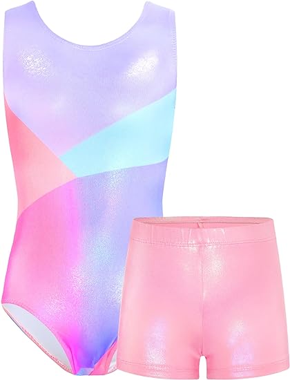 Photo 1 of TENVDA Gymnastics Leotards for Girls 5-12 Years Old Sparkly Dance Tumbling Outfit Matching Shorts Set
