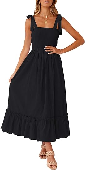 Photo 1 of  M ZESICA Women's 2024 Summer Boho Spaghetti Strap Square Neck Solid Color Ruffle A Line Beach Long Maxi Dress
