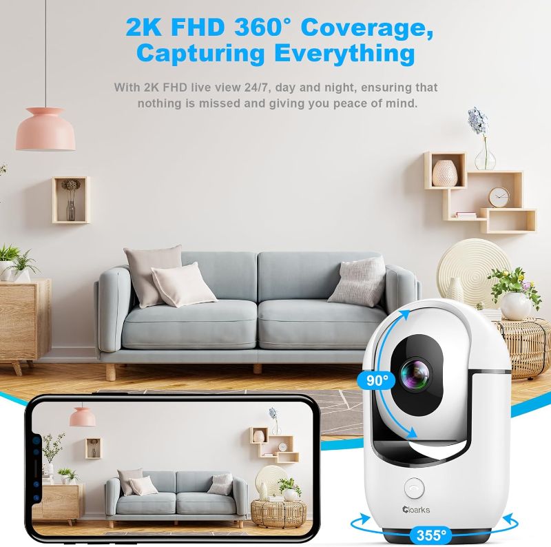 Photo 4 of 2K Pan/Tilt Security Camera, WiFi Indoor Camera for Home Security with AI Motion Detection, Baby/Pet Camera with Phone App, Color Night Vision, 2-Way Audio, 24/7, Siren, TF/Cloud Storage
