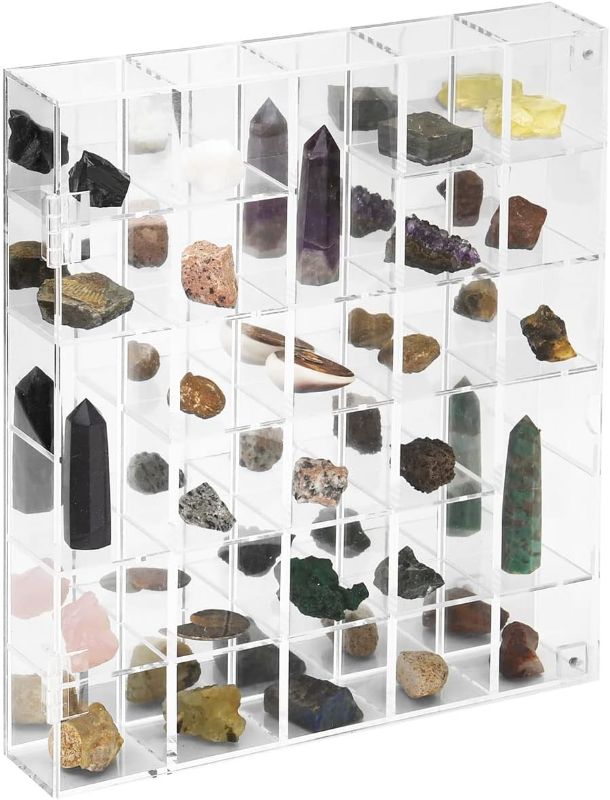 Photo 1 of Adjustable Rock Display Case Clear Acrylic Collection Box with Mirrored Arrowhead Stones Storage Display Case Mineral Crystal Collectibles Holder Organizer Showcase Shelves with Lid
