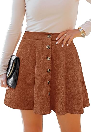 Photo 1 of (L)  Women’s Button Front Mini Skirt A-line Pleated Corduroy Skater Skirts for Women 