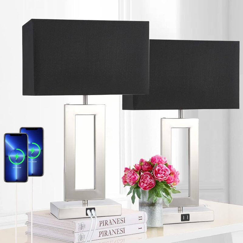 Photo 1 of 22'' Set of 2 Black Touch Table Lamps with 2 USB Ports, 3-Way Dimmable Touch Lamps for Bedroom Bedside Nightstand, Modern Brushed Nickel Lamps for Living Room End Table, LED Bulbs Included
