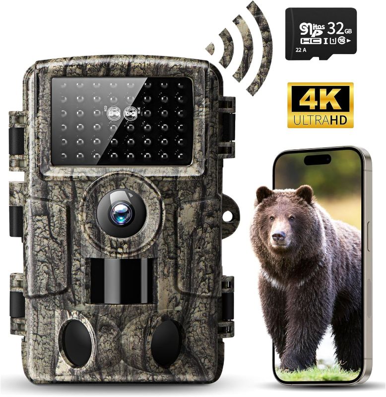 Photo 1 of WiFi Trail Camera, 4k 60MP Game Camera with Night Vision Ip66 Waterproof 120°Wide Angle 0.1s Trigger Speed,Suitable for Outdoor Wildlife Detection, Monitoring Home Security
