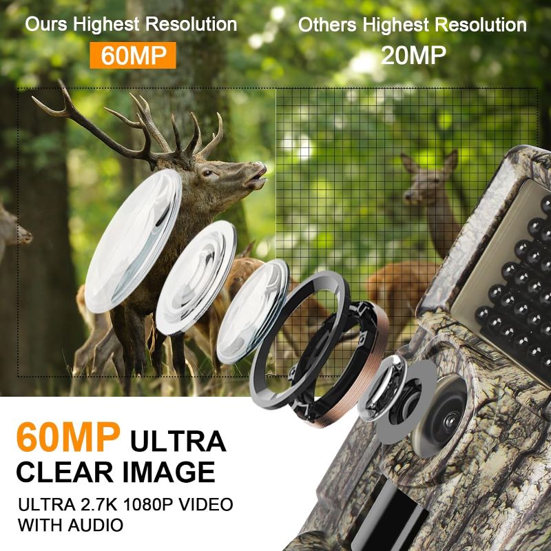Photo 3 of WiFi Trail Camera, 4k 60MP Game Camera with Night Vision Ip66 Waterproof 120°Wide Angle 0.1s Trigger Speed,Suitable for Outdoor Wildlife Detection, Monitoring Home Security
