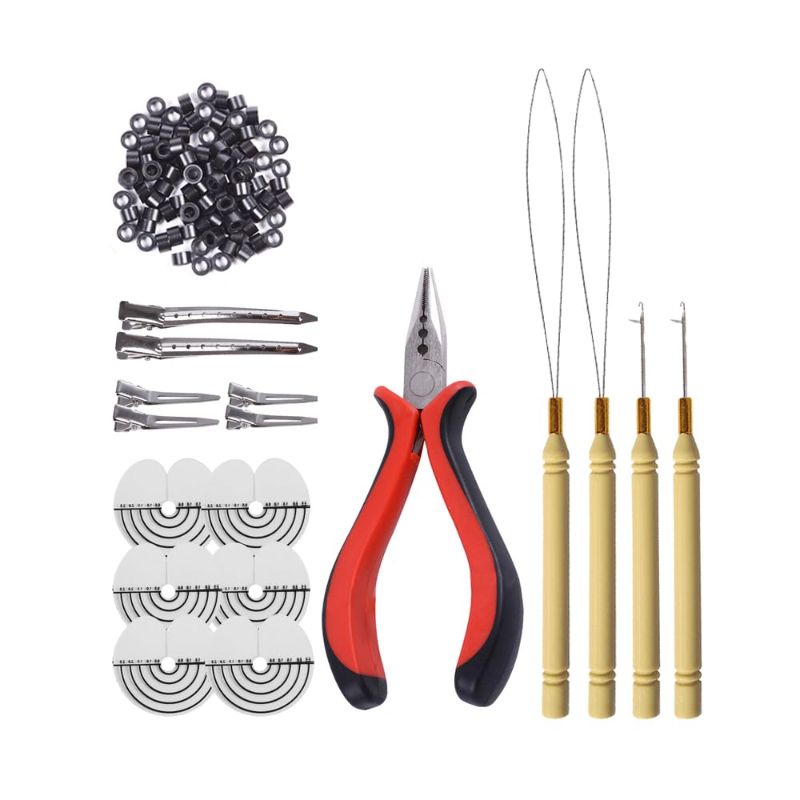 Photo 1 of 200pcs Silicone Micro Rings Hair Extensions Tools Kit: Three-hole Hair Pliers, Micro Pulling Hook Needle, Loop Threader and Silicone Micro Links Dark Brown
