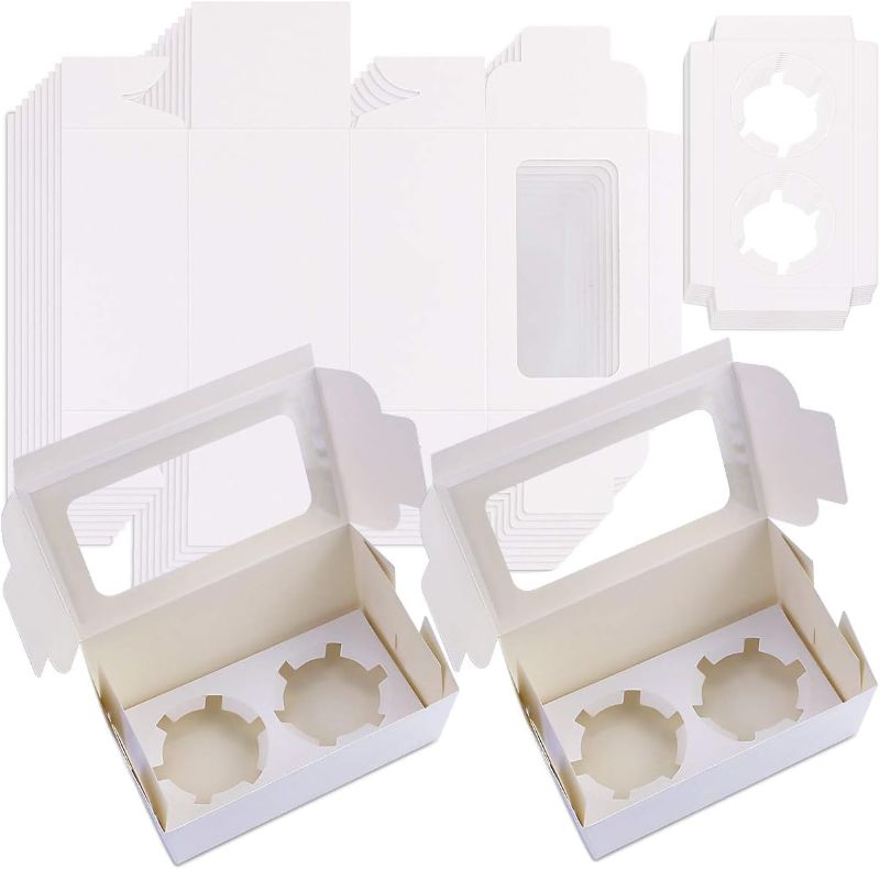 Photo 2 of 50Pack White Paper Cupcake Boxes with Pvc Window and Two Treat Holder, Pastry and Cookie Box,Cupcake Containers Bakery Cake Box,Auto-Popup Cupcake Carriers Bakery Cake Box(6.3x3.5x3inch)

