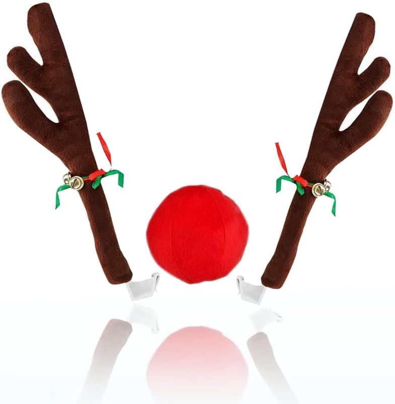 Photo 1 of Vaygway Christmas Car Reindeer Antlers & Nose Decoration Set- Christmas Reindeer for Vehicle- Rudolph Reindeer Holiday Accessory Kit for Car Window- Jingle Bell Car Costume SUV Van
