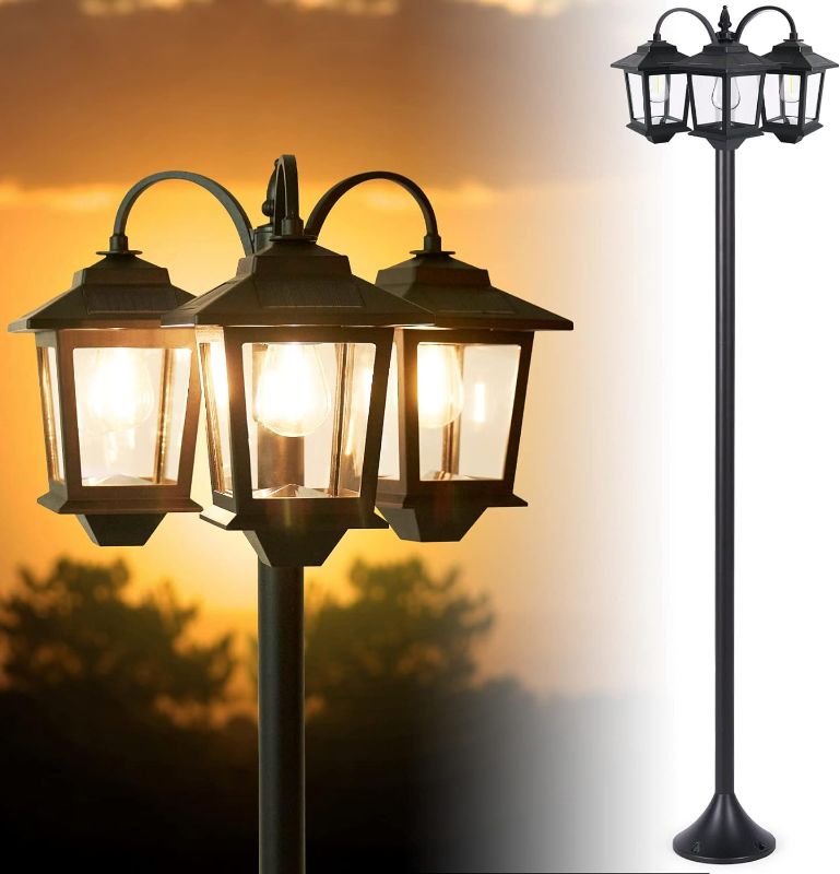 Photo 1 of 73"Solar Lamp Post Light, 60Lm Solar Outdoor Lights Post Waterproof, Triple-Head Pole Lights Outdoor Floor Lamp Vintage for Patio, Backyard, Warm White Decorative Solar Light post, Replaceable Bulb
