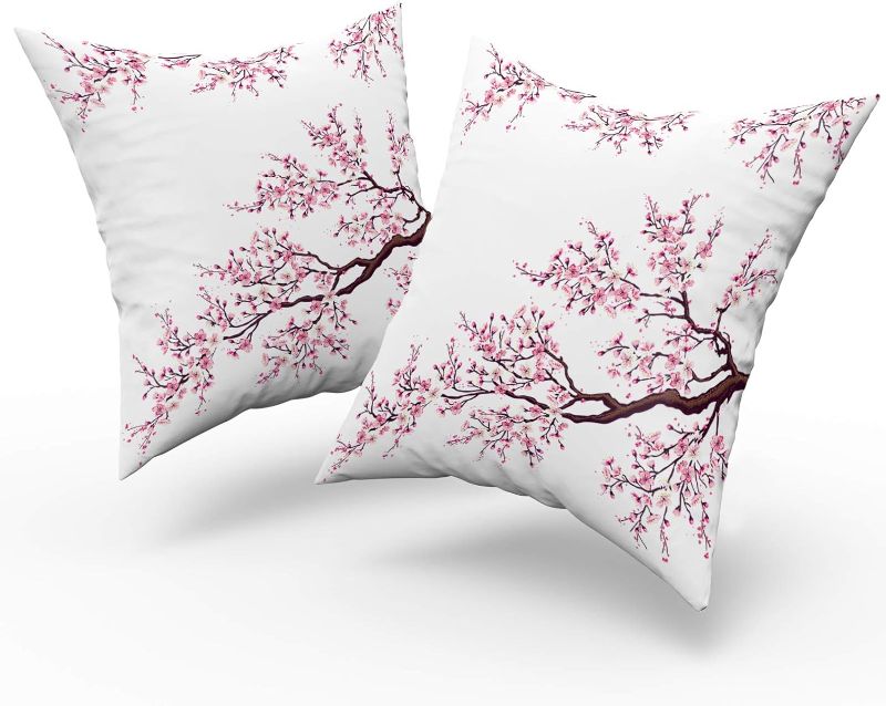 Photo 1 of Cherry Blossom Pillow Cover Japanese Cherry Decorative Pillowcases 18x18 Inch Set of 2 Cherry Blossom Pillowcase Pink Flower Pillow Cases with Hidden Zipper Home Cushion Decorative
