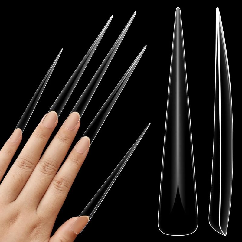 Photo 1 of Extra Super Extreme Long Stiletto Nail Tips, 5XL XXXXXL Clear Full Cover French Tips False Fake Nail Extension, Sharp Fishbone Arrow Head Nails for Professional Acrylic 120 pcs 12 Size
