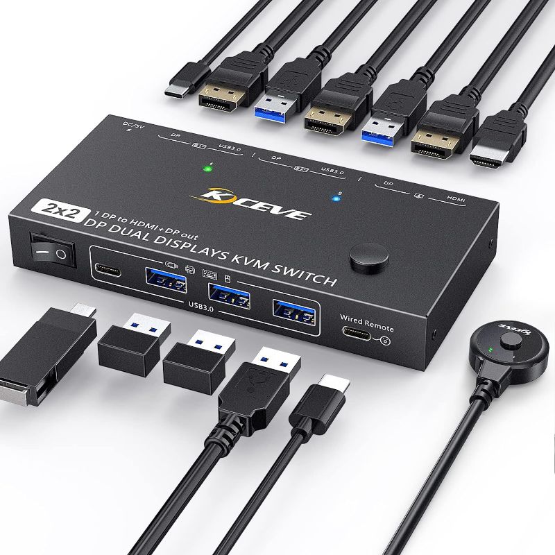 Photo 1 of DisplayPort KVM Switch Dual Monitor 8K DP for 2 Monitors 2 Computers Extended Display Support 8K@60Hz 4K@144Hz and 4 USB3.0 Devices with Desktop Controller and MST KVM Switcher HDMI+Displayport Out
