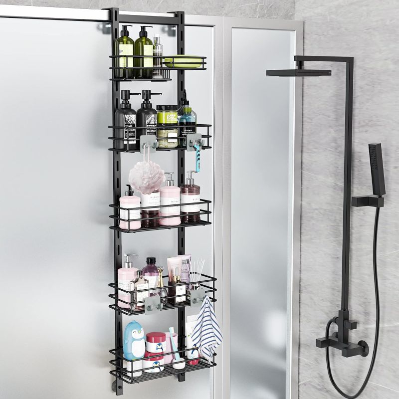 Photo 1 of Orimade Over the Door Shower Caddy Adjustable 5 Tier Black,Bathroom Hanging Organizer Shelf Rustproof with 4 Hooks,Shower Basket with Soap Holder and Suction Cup
