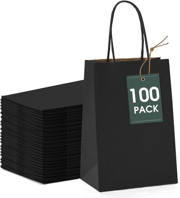 Photo 1 of  100Pcs Black Paper Bags Small Gift Bags, Paper Bags with Handles Bulk, Bags for Small Business, Sturdy Kraft Paper Bags, Retail Shopping Bags, Party Favor Bags, Birthday Gift Bags

