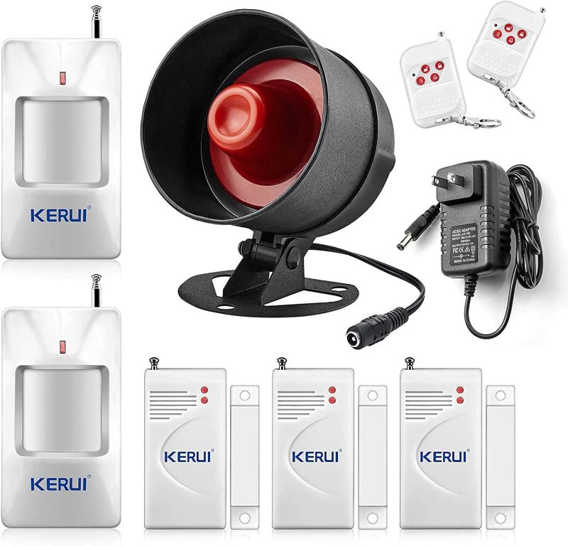 Photo 1 of KERUI Upgraded Standalone Home Office Shop Security Alarm System Kit,Wireless Loud Indoor/Outdoor Weatherproof Siren Horn with Remote Control and Door Contact Sensor,Motion Sensor,Up to 115db

