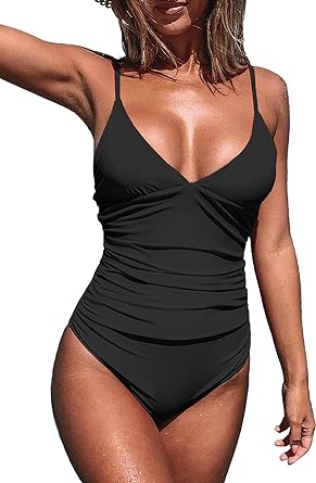 Photo 1 of (L) Cupshe Women's Vacation Black One Piece Swimsuit Ruched V Neck Bathing Suit
