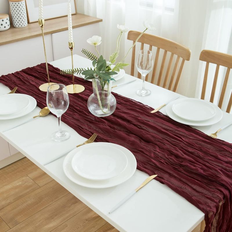 Photo 1 of 1pack  Burgundy Cheesecloth Table Runner 10ft Boho Gauze Cheese Cloth Wedding Table Runners Rustic Sheer Runner 35"x 120" Long for Wedding, Bridal/Baby Shower, Birthday Party Table Decorations
