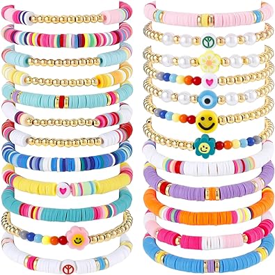 Photo 1 of Sureio 24 Pcs Colorful Friendship Bracelets Letter Heart Smile Bracelets Surfer Bracelets Stretch Beaded Kids Bracelet for Girls Women Back to School Tween Girl Party Favors
