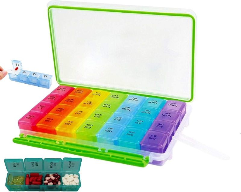 Photo 1 of Pill Organizer Weekly AM/PM Pill Box -Moisture Proof Medicine Organizer 7 Day Portable Travel Medication Container 4 Times a Day with Large Compartments for Vitamins Supplements
