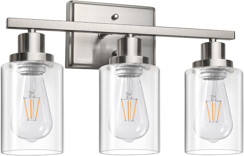 Photo 1 of Ascher Bathroom Vanity Light Fixtures, 3 Light Wall Sconces Lighting with Clear Glass Shade, Matt Nickel Wall Lights for Mirror, Kitchen, Living Room, Gallery, Hallway, E26 Base (Bulbs Not Included)
