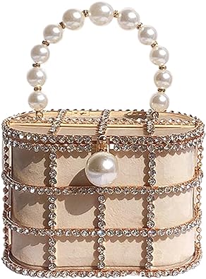 Photo 1 of Women Evening Handbag Sparkly Metal Clutch Purses Pearl Top Handle Bucket Bag for Wedding Party Prom
