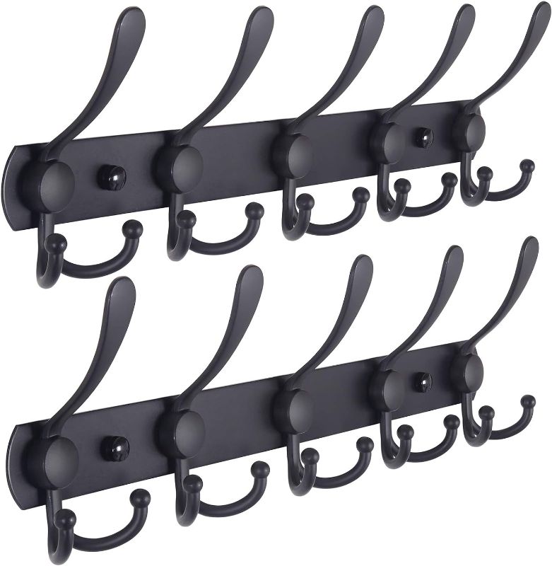 Photo 1 of Dseap Coat Rack Wall Mounted - 5 Tri Hooks, Heavy Duty, Stainless Steel, Metal Coat Hook Rail for Coat Hat Towel Purse Robes Mudroom Bathroom Entryway (Black, 2 Packs)
