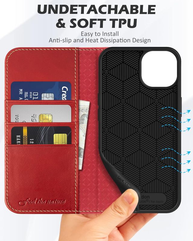 Photo 3 of SHIELDON Wallet Case for iPhone 13 6.1", Genuine Leather Folio Case Kickstand and RFID Blocking Credit Card Slots Magnetic Closure Compatible with iPhone 13 5G 2021