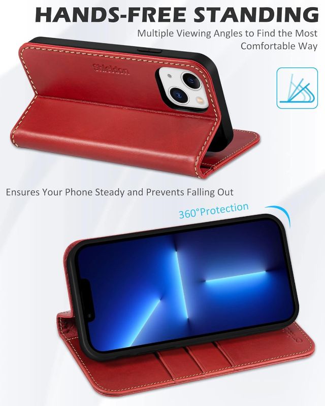 Photo 2 of SHIELDON Wallet Case for iPhone 13 6.1", Genuine Leather Folio Case Kickstand and RFID Blocking Credit Card Slots Magnetic Closure Compatible with iPhone 13 5G 2021