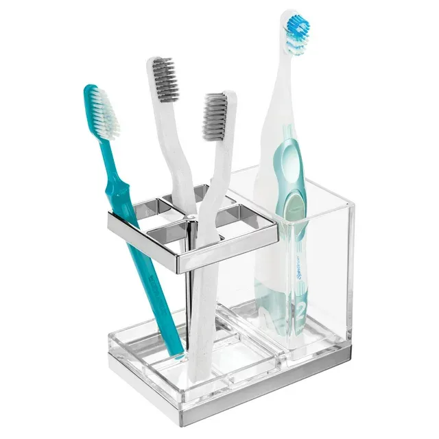 Photo 1 of mDesign Plastic Toothbrush, Toothpaste Storage Organizer Holder -Clear/Chrome 
