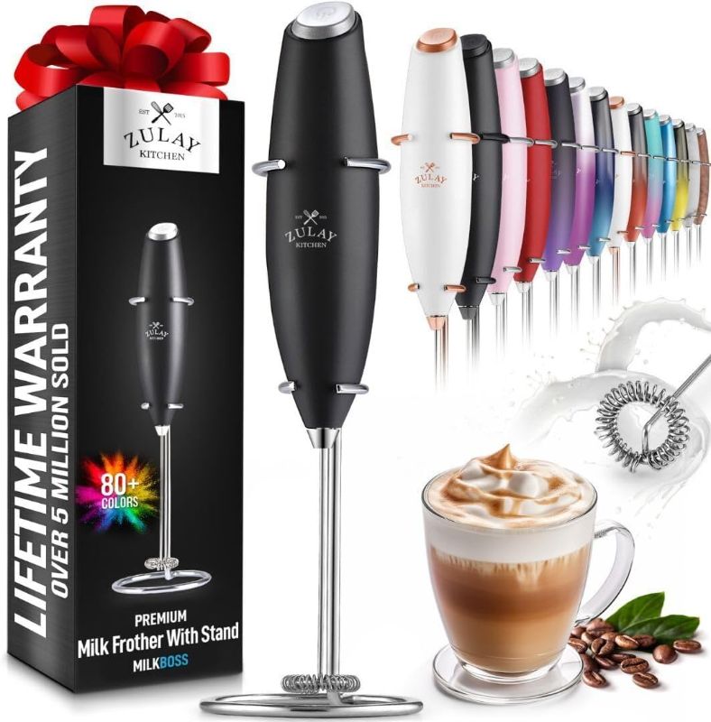 Photo 1 of Zulay Kitchen Powerful Milk Frother Handheld Foam Maker for Lattes - Whisk Drink Mixer for Coffee, Mini Foamer for Cappuccino, Frappe, Matcha, Hot Chocolate & Coffee Creamer by Milk Boss (Black)
