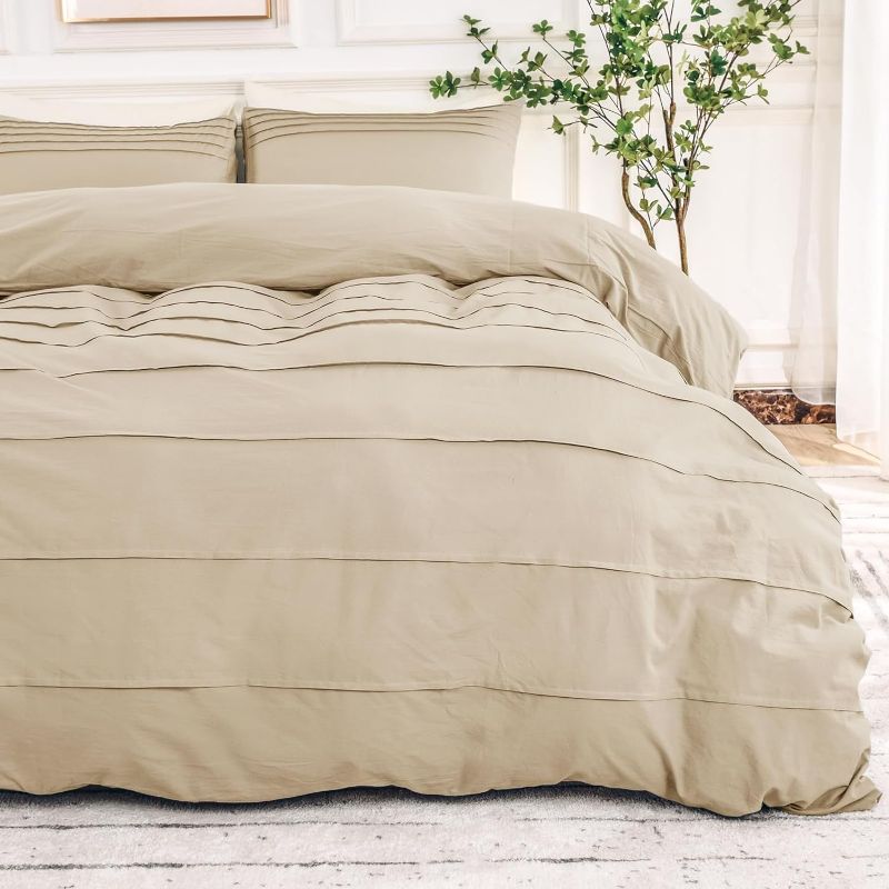 Photo 1 of NEXHOME PRO 100% Organic Cotton Duvet Cover Cal King Size, Linen Like Pleated Duvet Cover Set Beige, 2pc Organic Bedding Set with Zipper Closure, Soft, Lightweight and Breathable