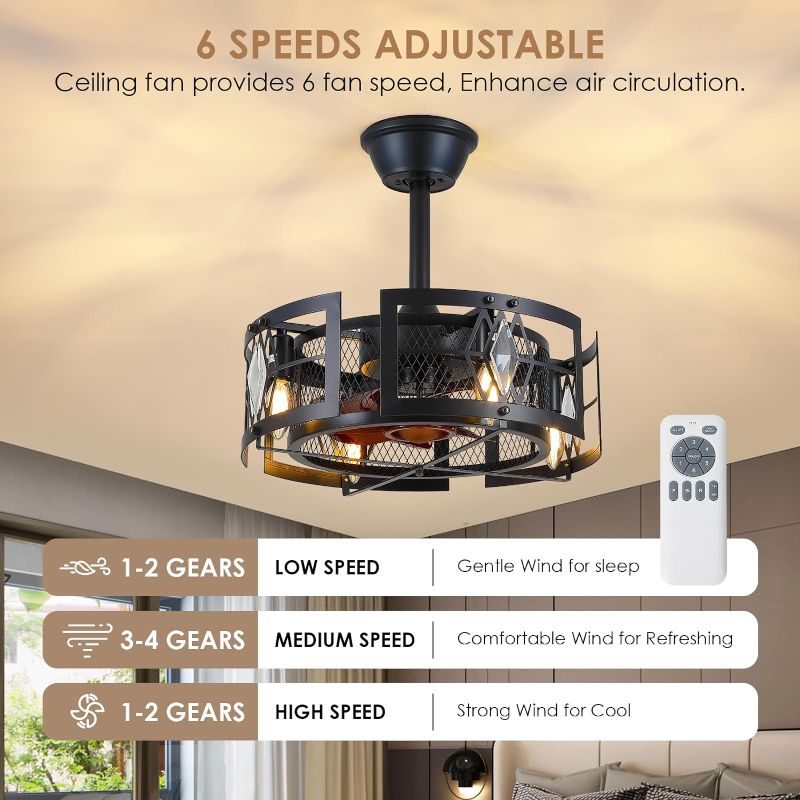 Photo 2 of Dannilong Black Caged Ceiling Fans with Lights and Remote, 18'' Modern Industrial Small Crystal Ceiling Fan, Enclosed Fandeliers Ceiling Fan for Bedroom Kitchen, 6 Speeds, Reversible Motor
