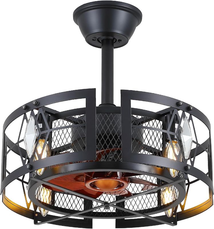 Photo 1 of Dannilong Black Caged Ceiling Fans with Lights and Remote, 18'' Modern Industrial Small Crystal Ceiling Fan, Enclosed Fandeliers Ceiling Fan for Bedroom Kitchen, 6 Speeds, Reversible Motor

