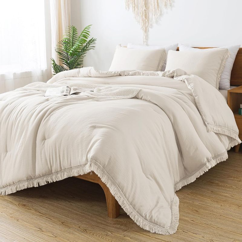 Photo 1 of Andency Comforter Set Beige, 3 Pieces Boho Lightweight Tassel Fluffy Bedding Comforters & Sets, Soft All Season Bed Set