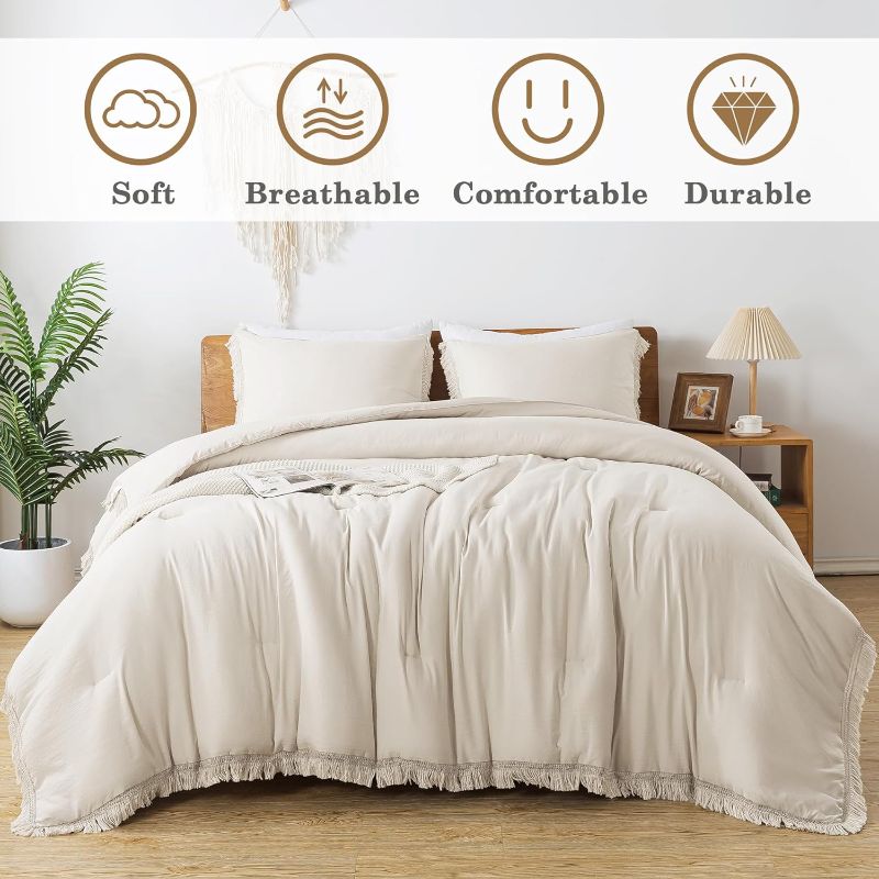 Photo 2 of Andency Comforter Set Beige, 3 Pieces Boho Lightweight Tassel Fluffy Bedding Comforters & Sets, Soft All Season Bed Set