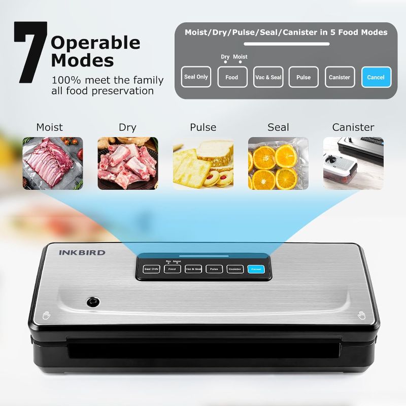 Photo 3 of Food Sealer Vacuum Sealer Machine 10-In-1 with Full Starter Kit Built-in Cutter and Bag Storage(Up to 20ft), INKBIRD Moist/Dry/Pulse/Canister/Seal Food Vacuum Sealer Machine with Bag*5 and Bag Roll*1
