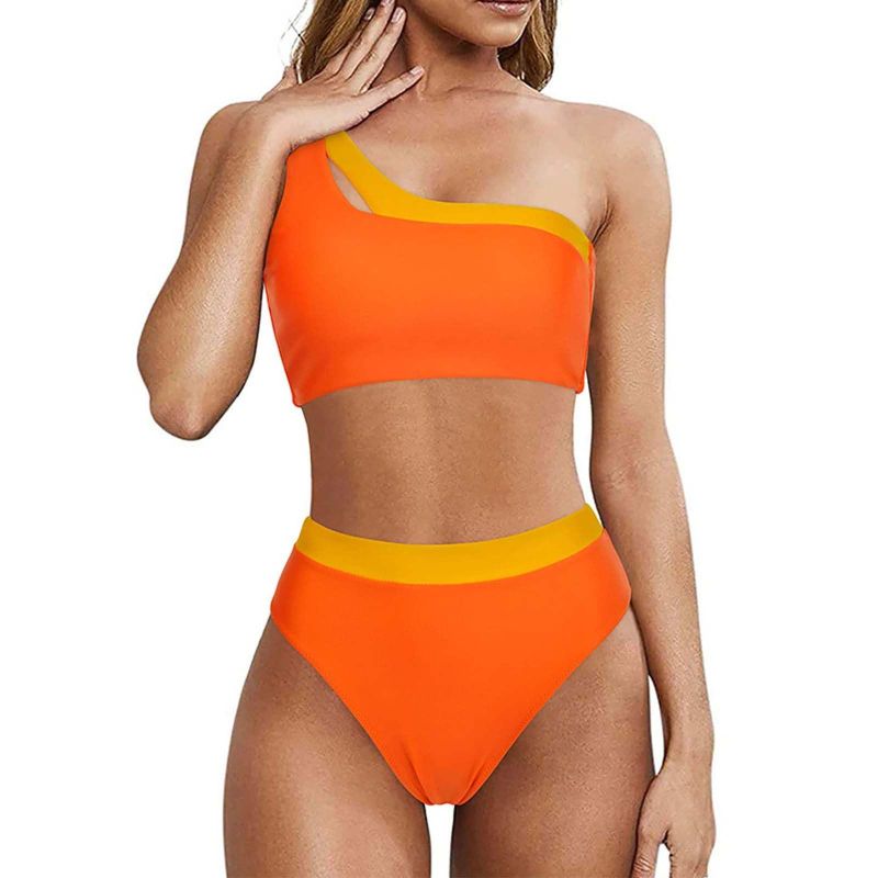 Photo 1 of (S) Dorkasm Women Plus Size High Waisted Bikini One Shoulder Two Piece Swimsuit Color Block Bathing Suits Orange
