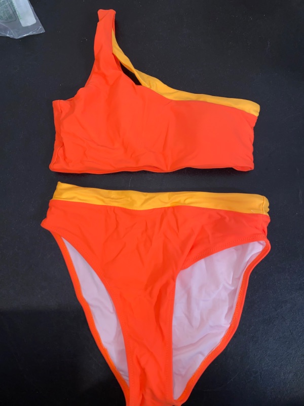 Photo 2 of (S) Dorkasm Women Plus Size High Waisted Bikini One Shoulder Two Piece Swimsuit Color Block Bathing Suits Orange
