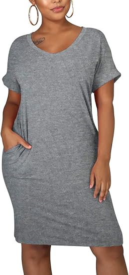 Photo 1 of 2XL Women's Summer V Neck Short Sleeve Midi Tshirt Dresses Casual Tunic Dress with Pockets