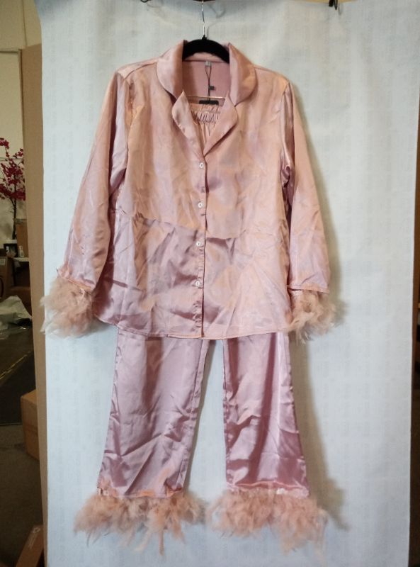 Photo 2 of Size S Women's Silk Satin Pajama Set Feather Trim Bridal Long Sleeve Pocketed Lounge Sets Sleepwear