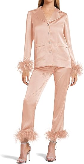 Photo 1 of Size S Women's Silk Satin Pajama Set Feather Trim Bridal Long Sleeve Pocketed Lounge Sets Sleepwear