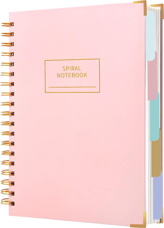 Photo 1 of Hardcover Spiral Notebook with Tabs 8"x10" Large Spiral Lined Journals for Women with Dividers 240 Pages College Ruled Composition Notebook 5 Subject Notebook for Work, Back to School, Gifts, Pink
