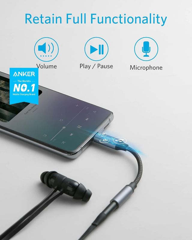 Photo 2 of Anker USB C to 3.5mm Audio Adapter, Male to Female Nylon Cable for Samsung
