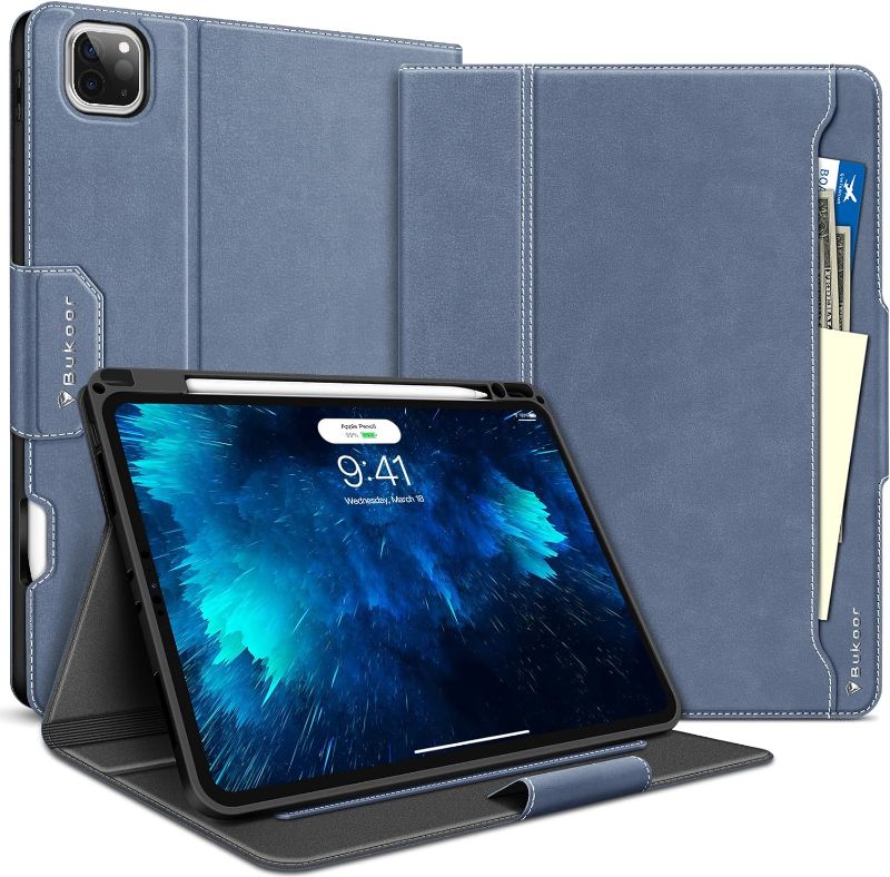 Photo 1 of BuKoor iPad Pro 12.9 inch Case 6th Generation (2022) 5th/4th/3rd Generation (2021/2020/2018) with Pencil Holder, Auto Sleep/Wake Function Smart PU Leather Shockproof Magnetic Clasp Cover (Dull Blue)
