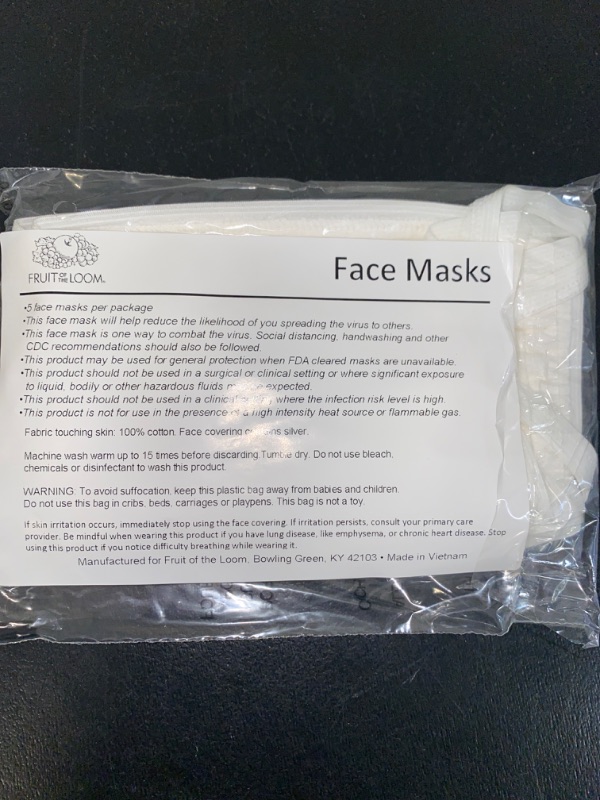 Photo 1 of Pack of 5 White Fruit of The Loom Cloth Face Mask