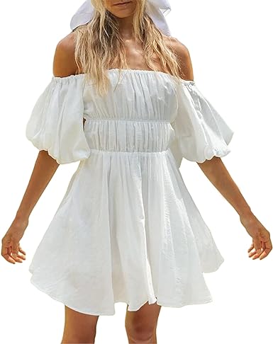 Photo 1 of  Large R.Vivimos Summer Dress for Women Short Puff Sleeve Boho Off The Shoulder Casual Smocked Swing Mini Dress
