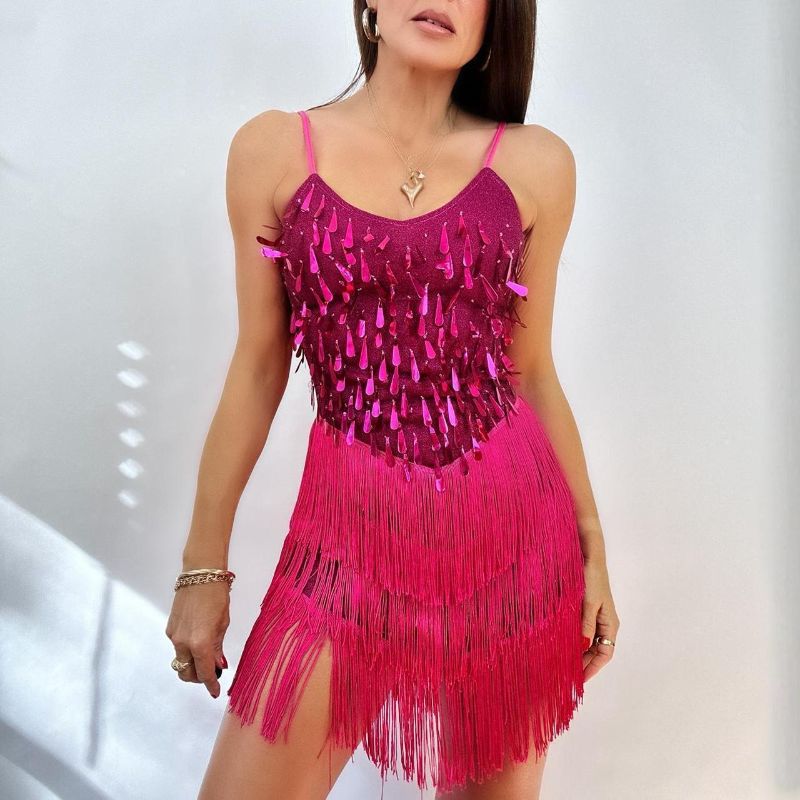 Photo 1 of XS Tassel Latin Dress Spaghetti Shiny Sequins Tassel Dancewear for Ballroom Salsa Rumba Dance