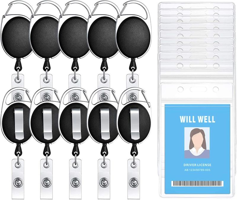 Photo 1 of 10 Pack ID Badge Holder with Clip –Retractable Heavy Duty Clear Id Card Holder – Vertical Lanyard Id Holder with Carabiner Badge Reel – Badge Holders with 24" Pull Cord
