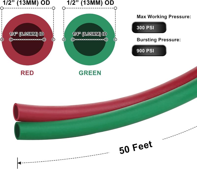 Photo 3 of Hromee Oxygen Acetylene Hose 1/4-Inch × 50 Feet with 9/16"-18 B fittings Welding Cutting Torch Twin Hose
